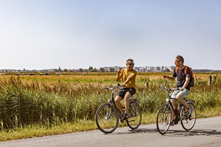 deux hommes en vêtements d'été font du vélo à travers les champs avec la ligne d'horizon de Blankenberge au loin